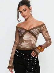 Katlyne Long Sleeve Lace Trim Top Brown Floral