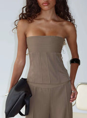 Madelle Strapless Tie Up Top Brown Pinstripe