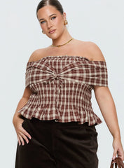 Avalynn Off Shoulder Shirred Top Brown Check Curve