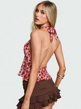 Two Ghosts Low Back Halter Top Red Floral