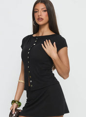 Angellina Jersey Button Down Top Black