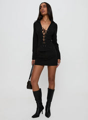 Feminique Tie Up Long Sleeve Top Black Stripe