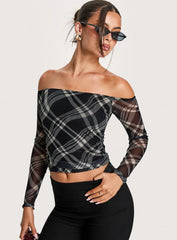 Siarah Off Shoulder Long Sleeve Top Multi Check