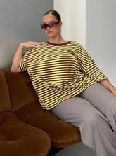 Settle Down Short Sleeve Top Yellow / Brown Stripe Curve