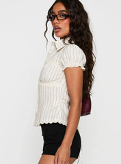Deserve You Puff Sleeve Button Front Top Cream Stripe Petite