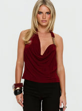Marvelle Plunge Neck Hardware Detail Top Burgundy