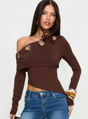 Noteworthy Eyelet Detail Long Sleeve Off Shoulder Top Chocolate