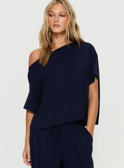 Cozy Hour Sleep Relaxed Off Shoulder Top Navy