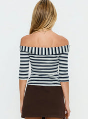 Shaylla Off Shoulder 3/4 Sleeve Top Blue Stripe