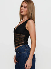 Loxlee Lace Plunge Neck Top Black