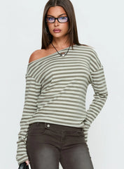 Lenorah Off Shoulder Long Sleeve Top Grey Stripe
