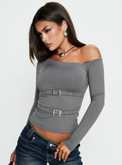 Luisana Buckle Detail One Shoulder Top Dark Grey