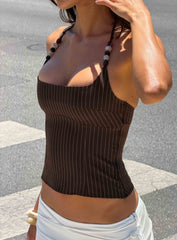 Cherise Bead Detail Top Brown Pinstripe