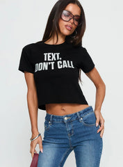 Text, Don't Call Shimmer Graphic Top Black