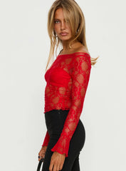 Junah Sheer Lace Long Sleeve Top Red