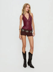 Verda Faux Leather Tie Up Top Burgundy