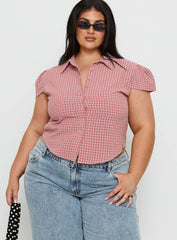 Float Away Button Up Top Red Check Curve