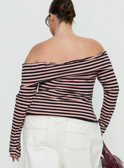 Janicia Off Shoulder Top Pink Stripe Curve
