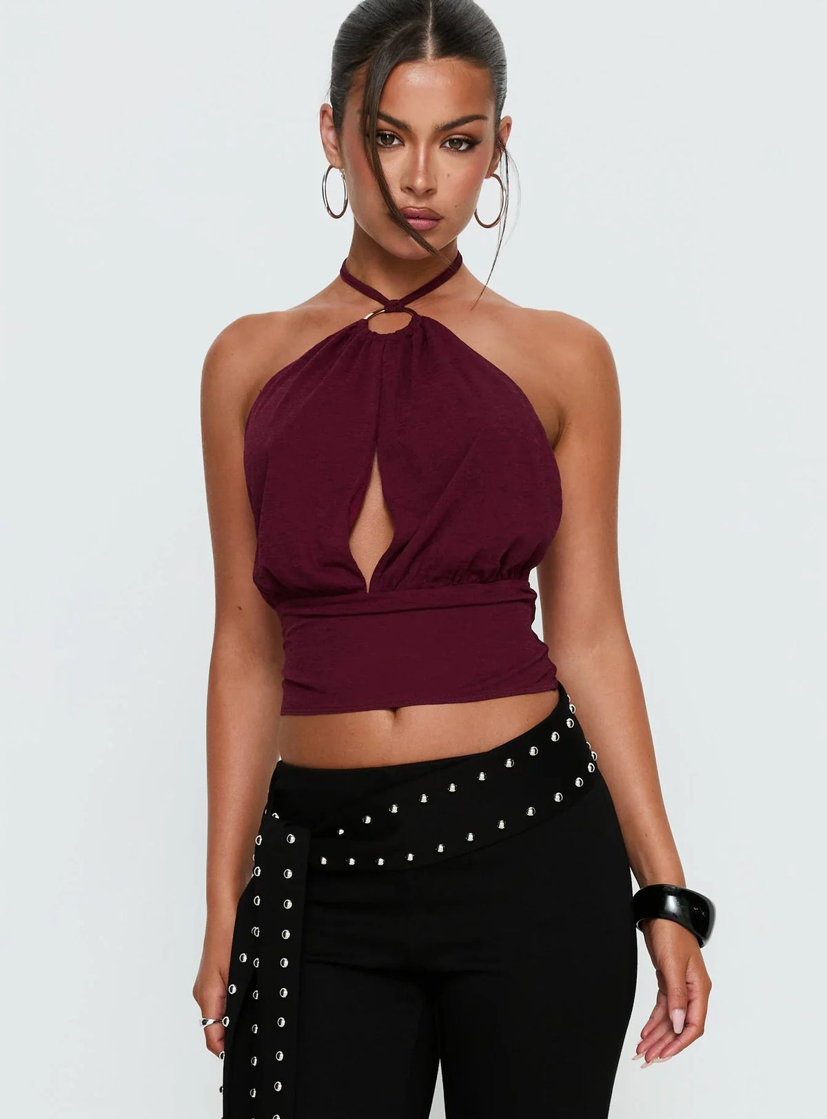 Lindie Tie Back Ring Detail Top Wine
