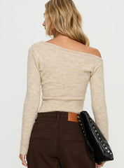 Selbey Fluffy Cinched Waist Off Shoulder Top Cream Marle