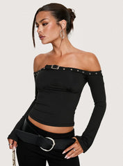Mansa Off Shoulder Buckle Detail Top Black