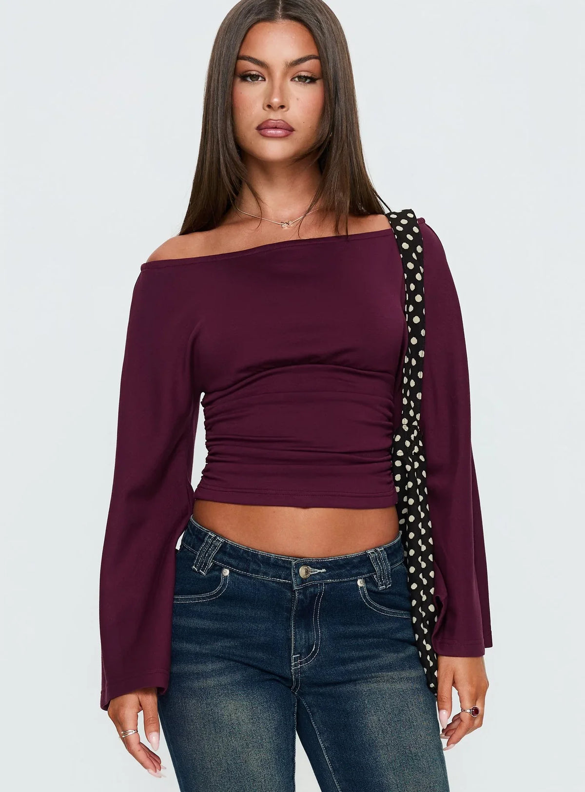 Anastasie Off Shoulder Long Sleeve Top Deep Red