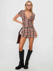 Odera Button Up Blouse Top Red Check