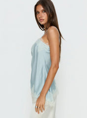 Winta Lace Trim Asymmetrical Satin Top Blue