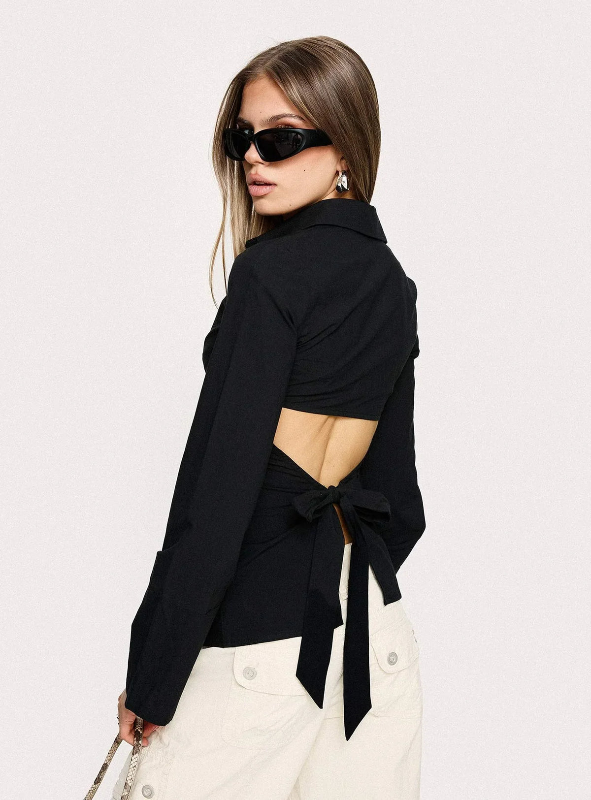 Lesper Long Sleeve Tie Back Top Black