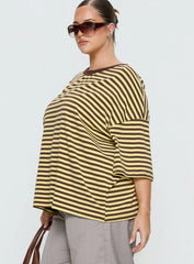 Settle Down Short Sleeve Top Yellow / Brown Stripe Curve