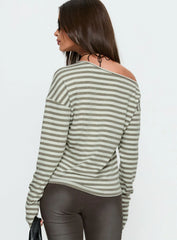 Lenorah Off Shoulder Long Sleeve Top Grey Stripe