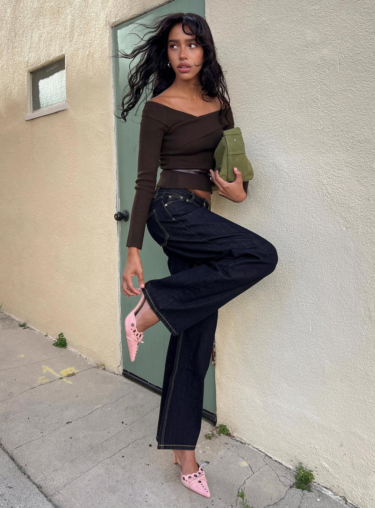 Ellenore Belt Detail Off Shoulder Top Brown