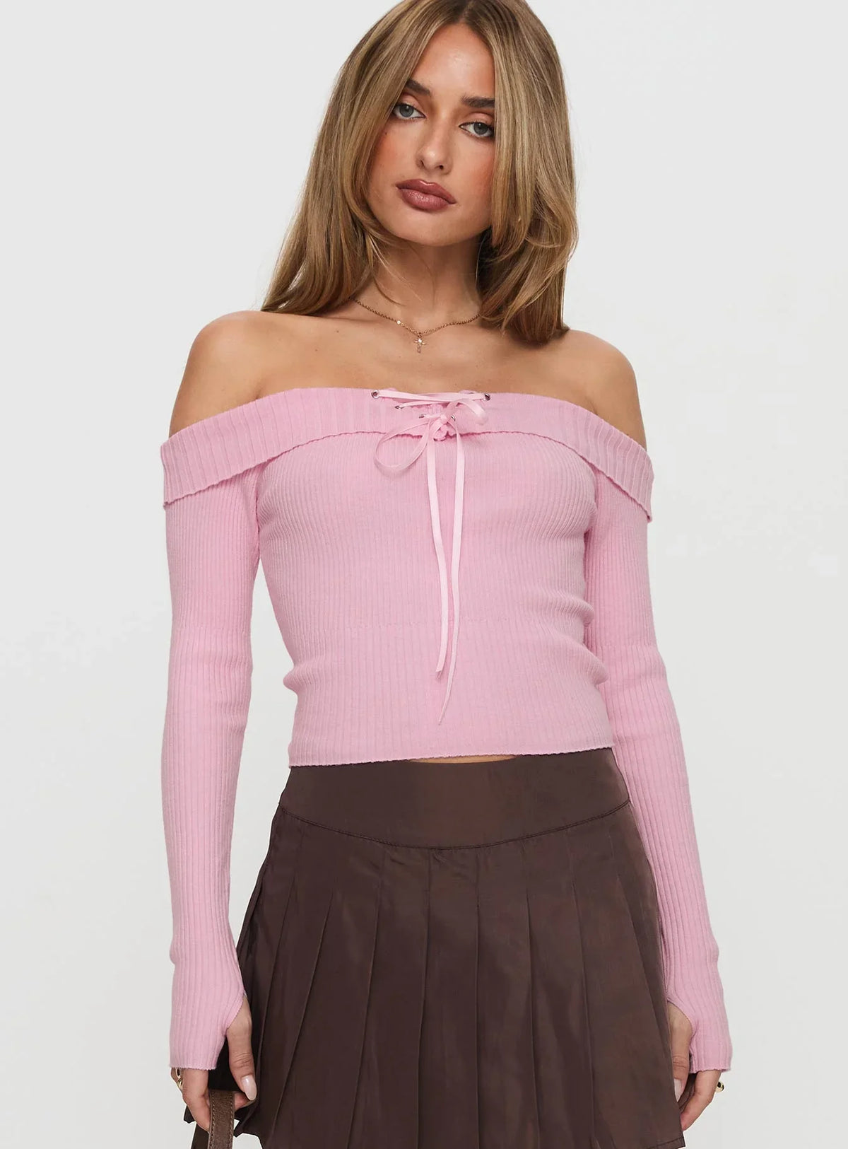 Nighttime Off Shoulder Knit Top Pink