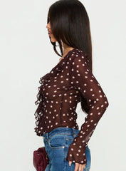 Corazon Sheer Frill Long Sleeve Top Burgundy Polka