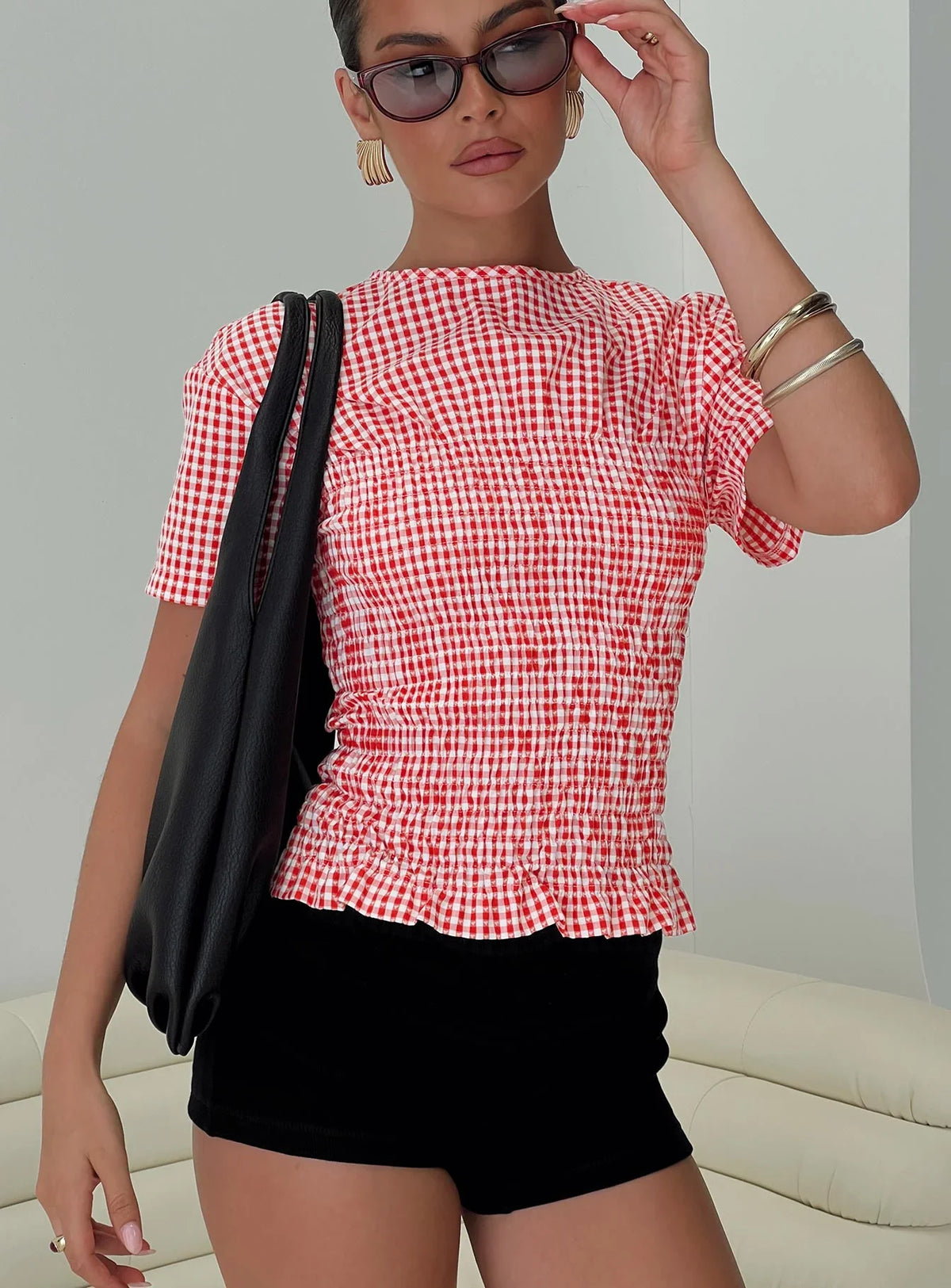 Maybe Tomorrow Ruched Top Red Check