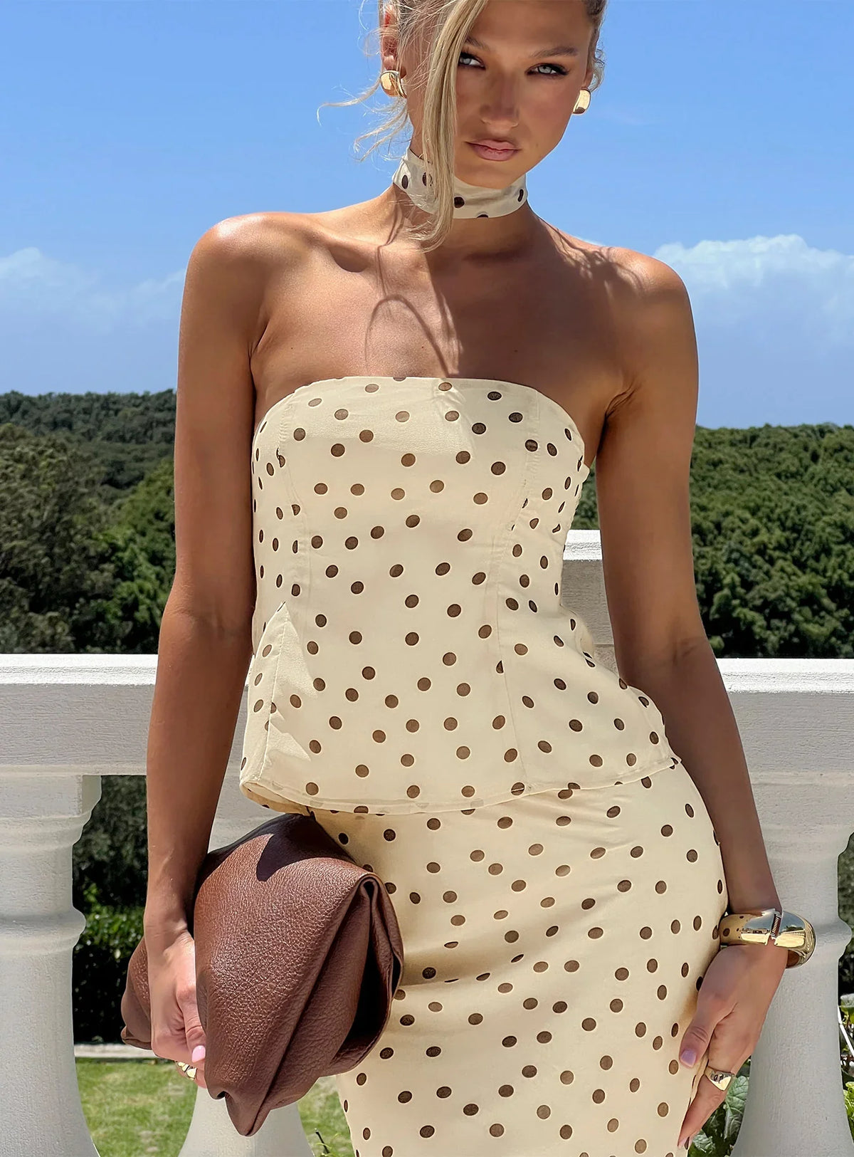 Sydni scarf detail strapless top Yellow / Chocolate Polka Dot