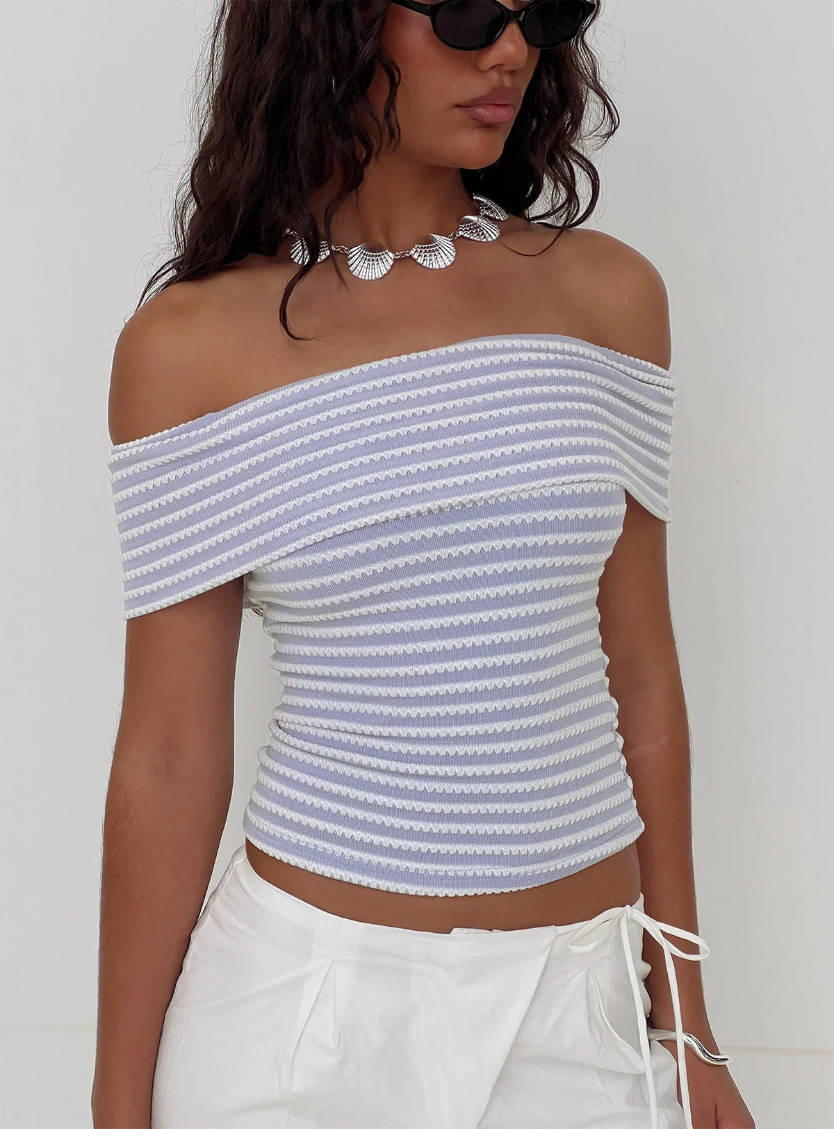Ausha Off Shoulder Top Lilac Stripe