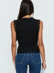 Kerena Lace Trim Tie Front Blouse Top Black