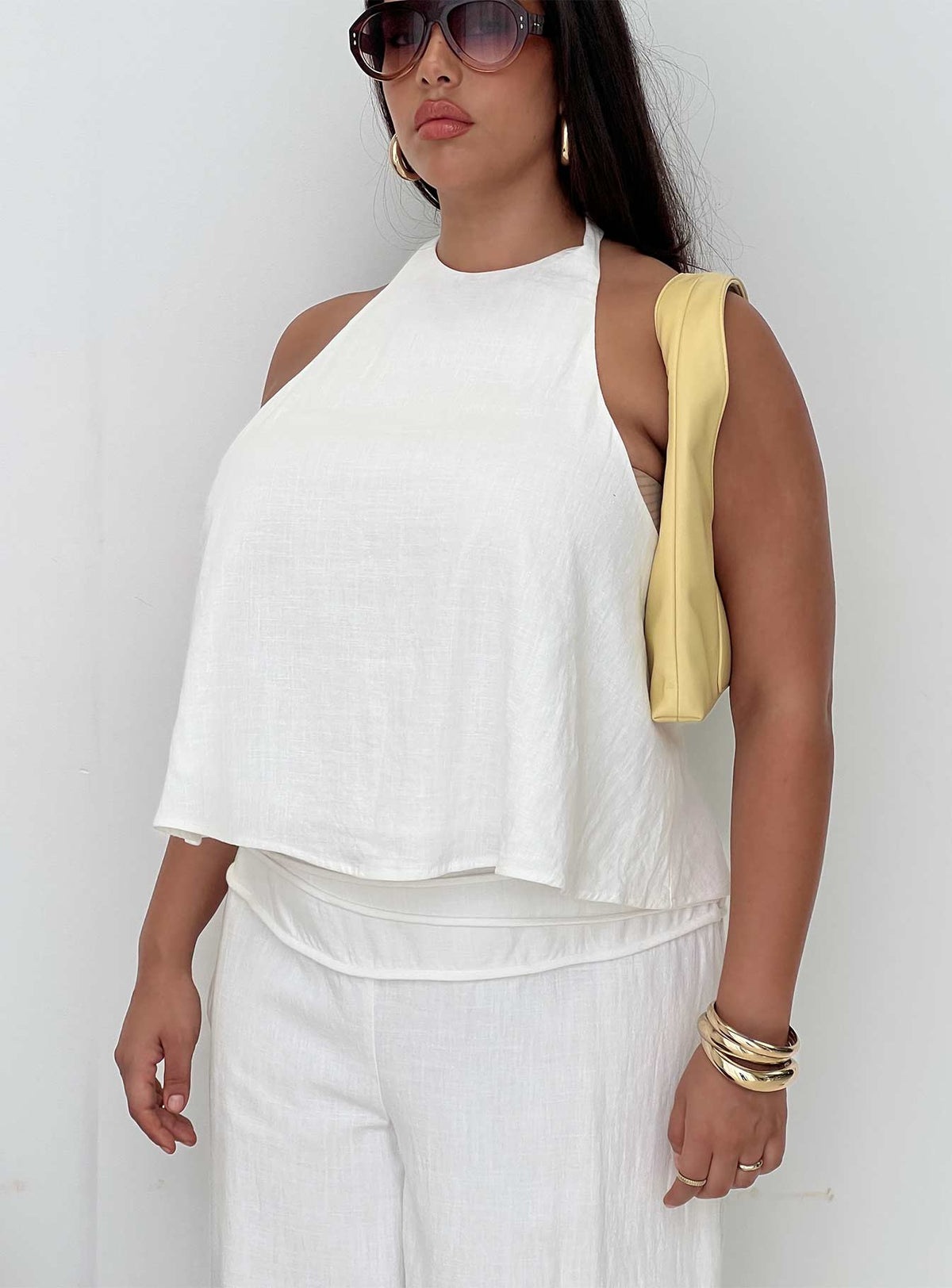 Aquaria Halter Linen Blend Top White Curve