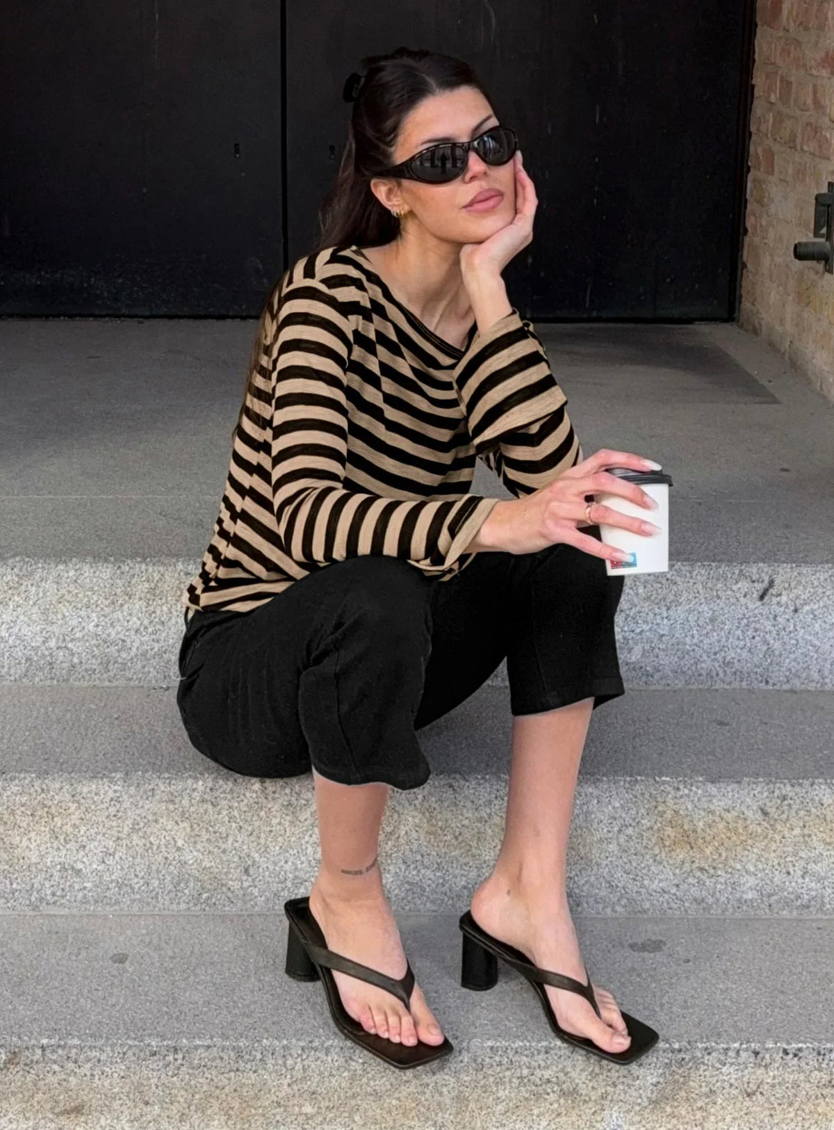 So Composed Boat Neck Long Sleeve Top Latte Stripe
