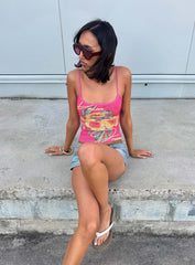 Palm Dreams Beaded Graphic Tank Top Pink