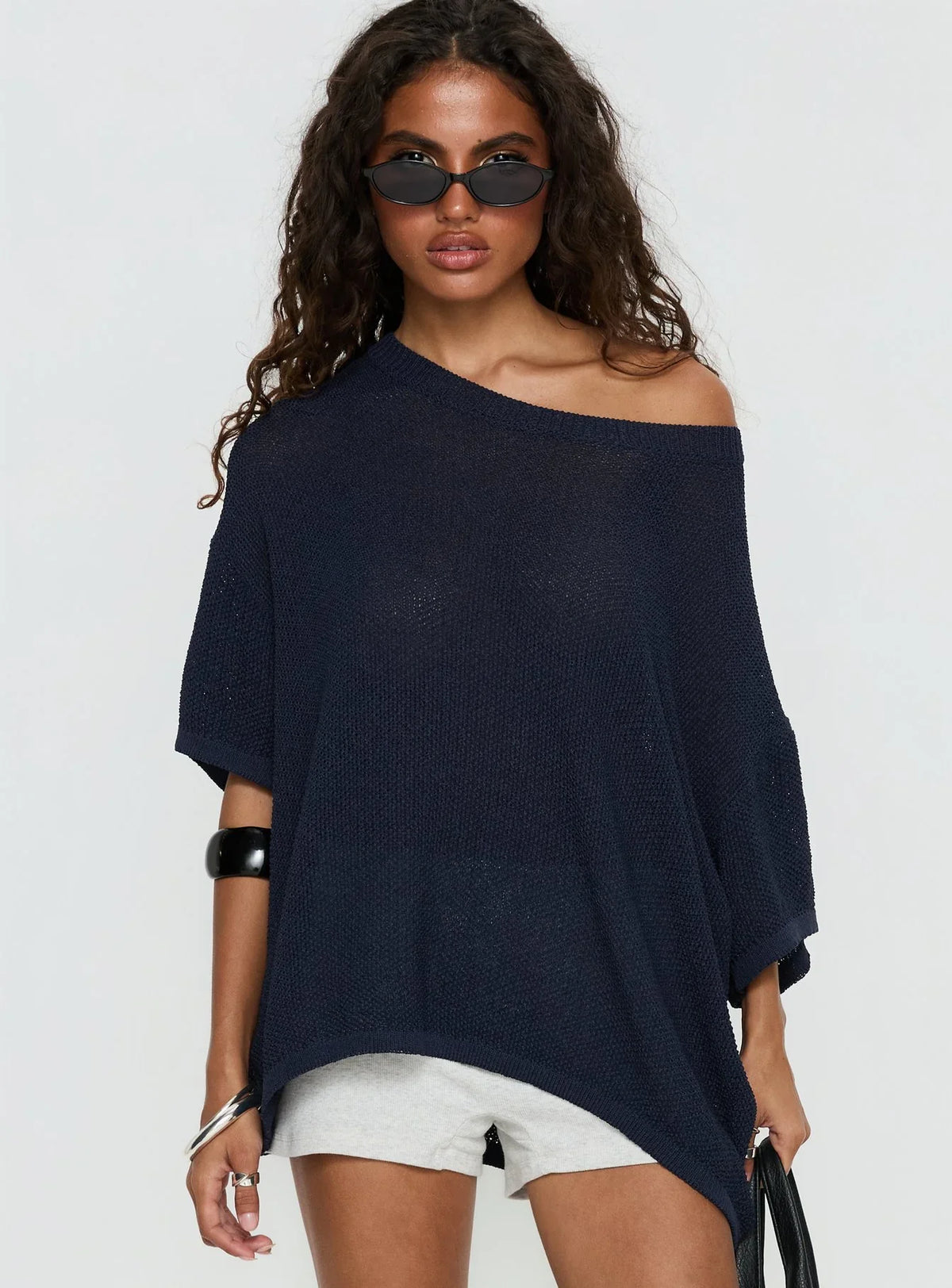 Seara Off Shoulder Knit Top Navy