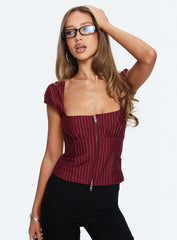 Santa Cruz Zip Through Top Burgundy Pinstripe