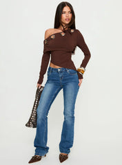 Noteworthy Eyelet Detail Long Sleeve Off Shoulder Top Chocolate