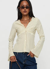 Life Begins Long Sleeve Lace Trim Top Cream Stripe