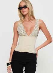 Briannah Contrast Corset Top Cream Polka Dot