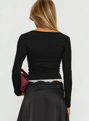 Falling Through Lace Detail Long Sleeve Top Black