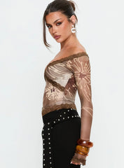 Katlyne Long Sleeve Lace Trim Top Brown Floral