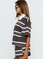 Aaren Boxy Polo Top Brown Stripe