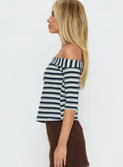 Shaylla Off Shoulder 3/4 Sleeve Top Blue Stripe